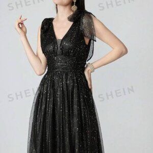 SHEIN Belle Black Mesh Dress With Gold Glitter Decoration